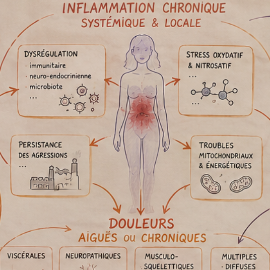 Diagramme sur l'inflammation chronique, montrant ses causes et effets sur le corps humain, tiré du jeu de plateau EMMA Impulse